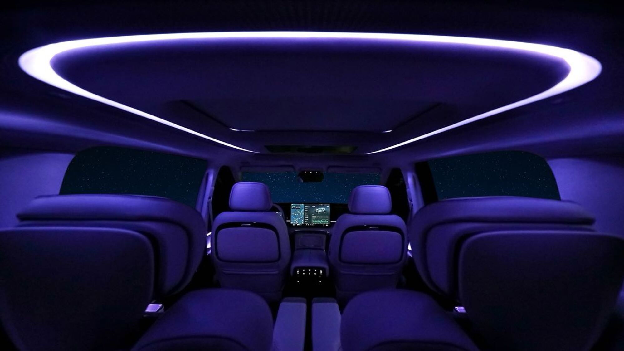 The XPENG X9 at night, with ambient lighting on.