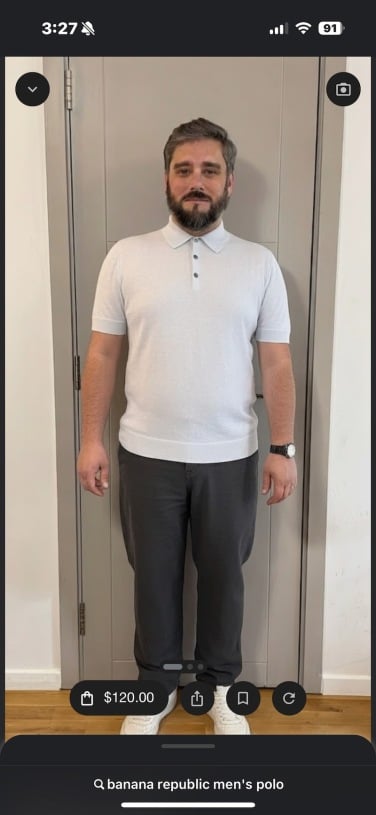 artificial intelligence-generated image of author in a blue polo from google 'try it on' tool