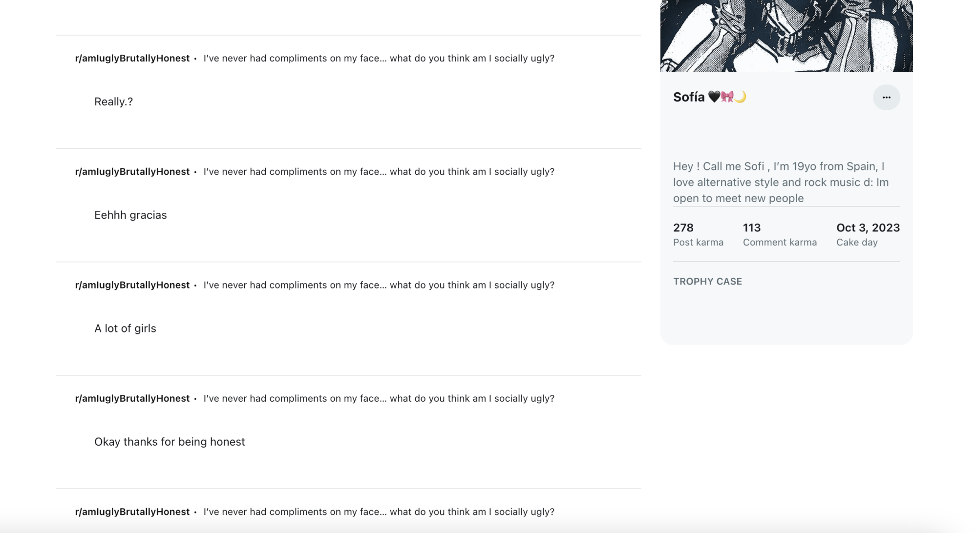 Screenshot of the fake Reddit account “Sofía 🖤🎀🌙” posting repeatedly in r/amiuglyBrutallyHonest, asking if they are “socially ugly” and responding to comments.
