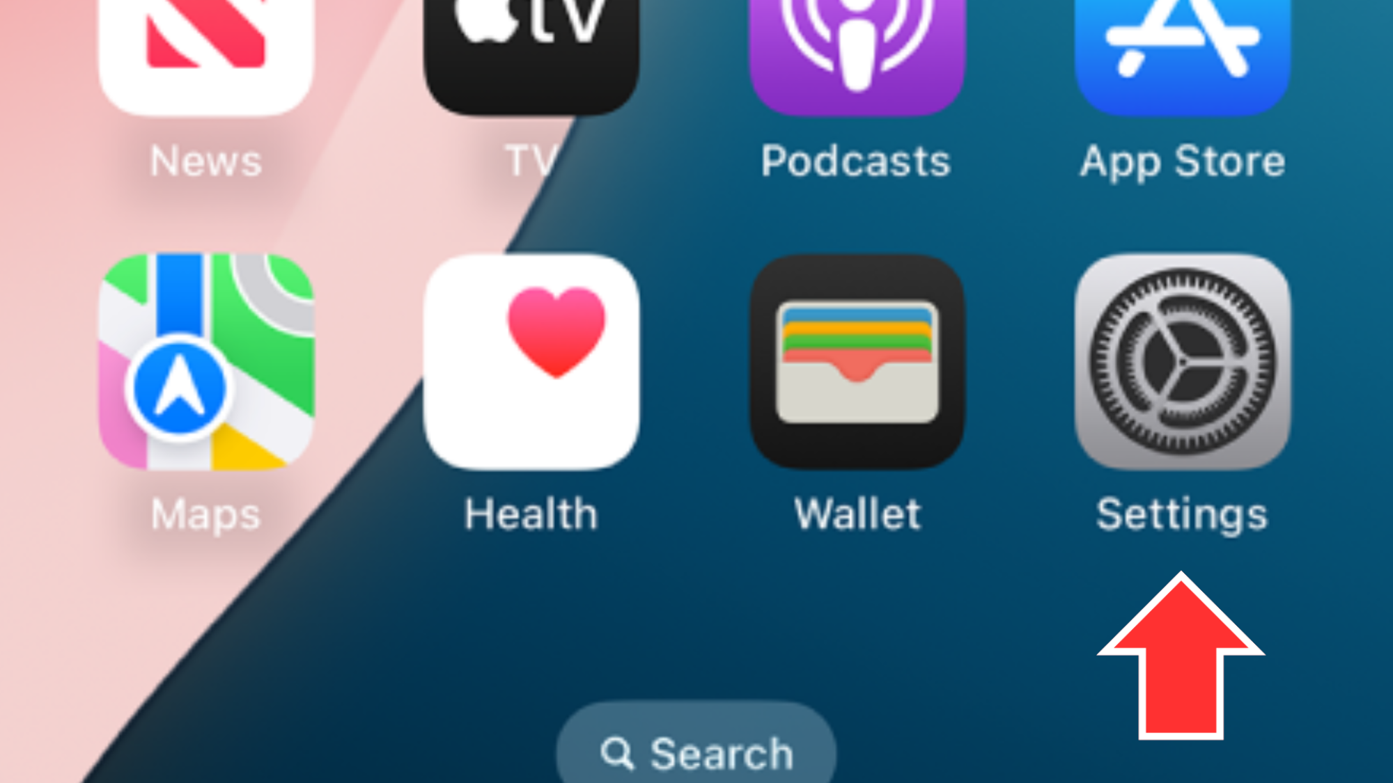 A screenshot of apps on an iPhone screen, with a red arrow pointing at the "Settings" app.