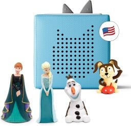 Toniebox in blue with Anna, Elsa, Olaf, and puppy Tonies