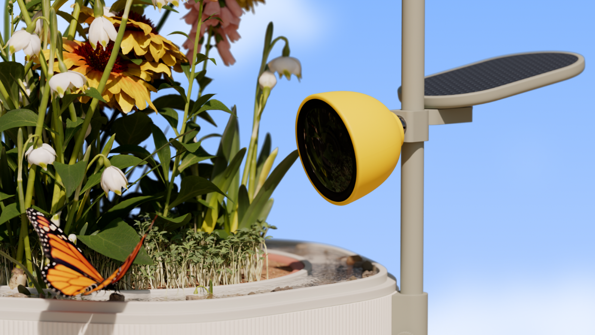 a close-up of a petal smart nature camera recording a butterfly