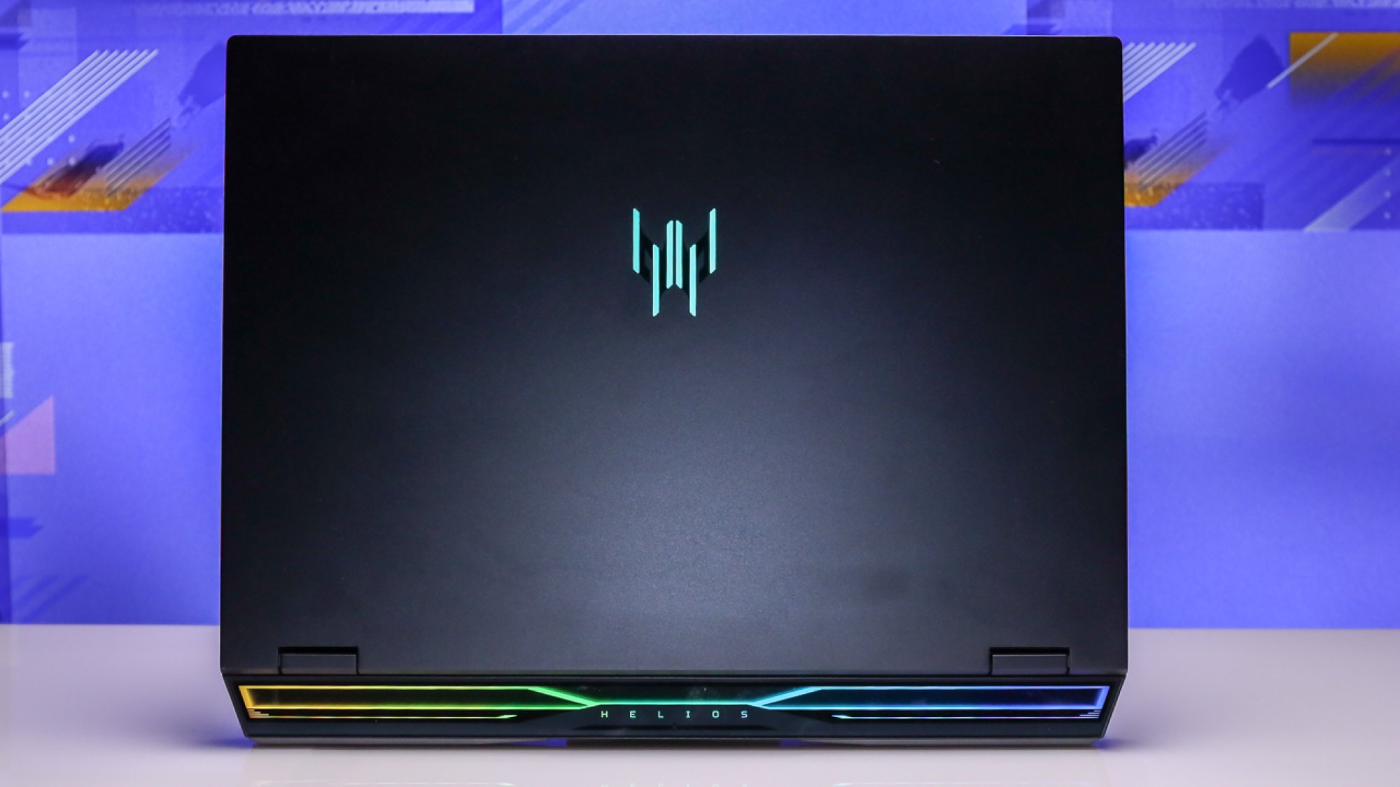 the acer predator helios 16's shell with lit-up logo