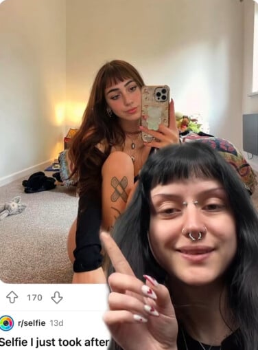 Side-by-side comparison of a Reddit post using an altered photo of Bunni (with piercings removed, lighter hair, and smoothed features) labeled &ldquo;Thinking about getting new tattoos. 19f,&rdquo; while the real Bunni points at the screen in a video, showing her unaltered appearance