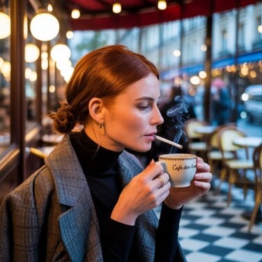 ideogram-generated image of woman in paris cafe smoking cigarette