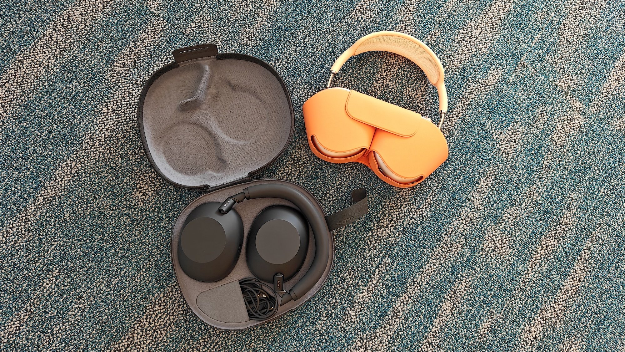 the sony xm6 and airpods max headphones with travel cases