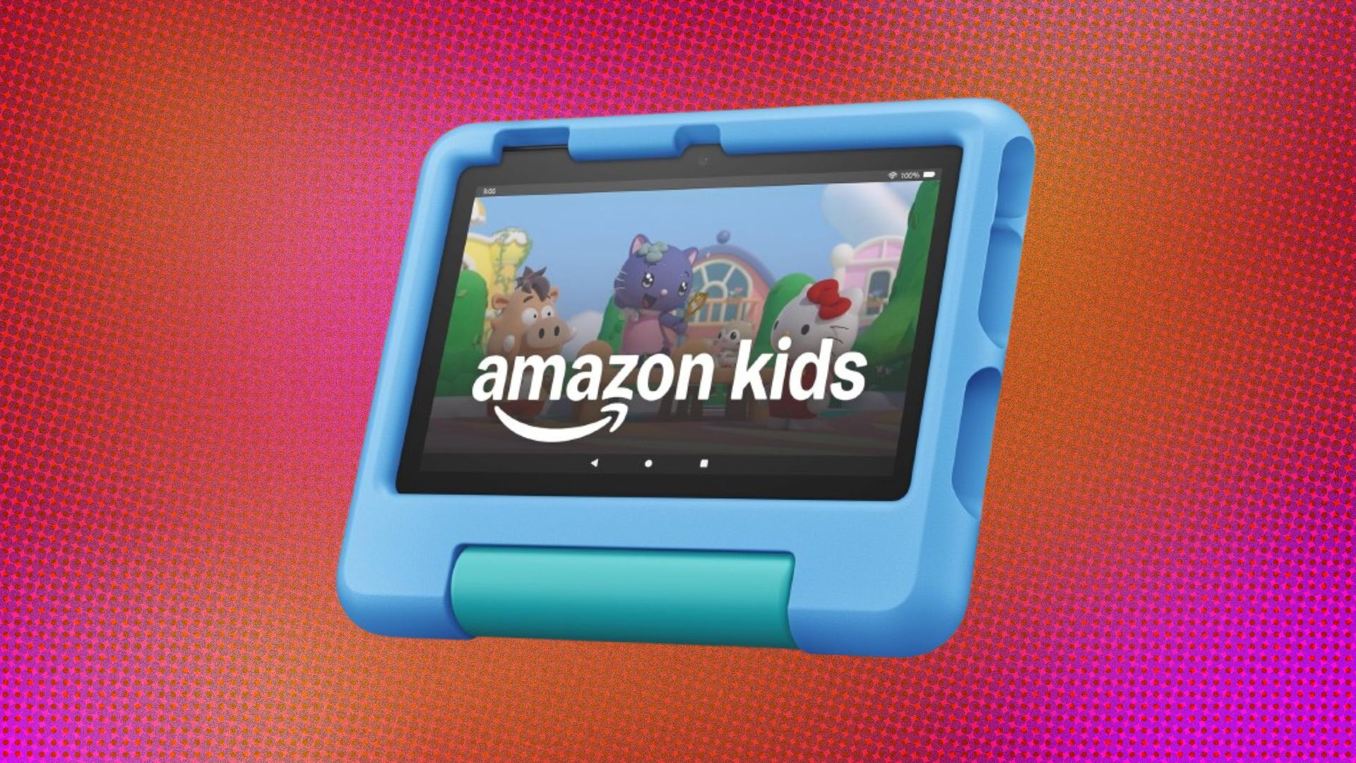An Amazon Fire 7 Tablet appears on a speckled pink and orange background.