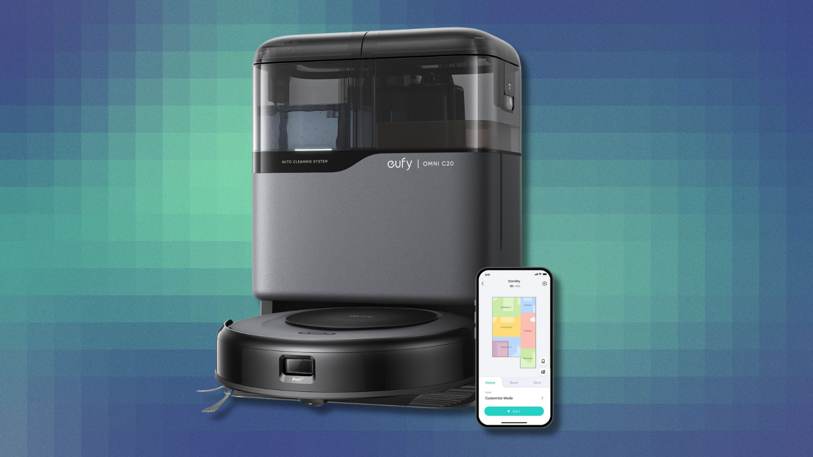 Eufy Omni C20 robot vacuum and mop on teal abstract background
