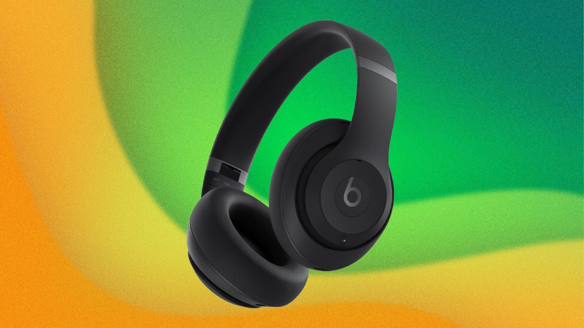 A set of headphones appears on a yellow and green swirly background.