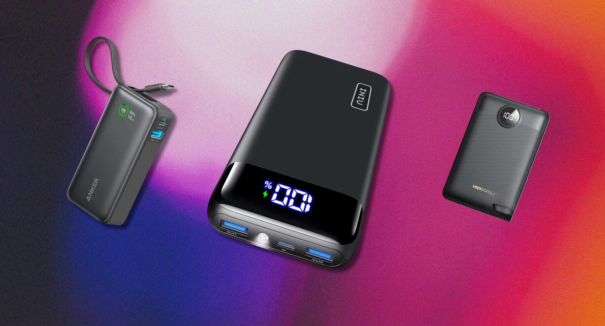 A product photo showing three of the best power banks for the Nintendo Switch 2. From left to right: a gray Anker Nano power bank with a built-in cable, a black INIU high-capacity power bank with a digital battery display, and a small black VEEKTOMX portable charger.