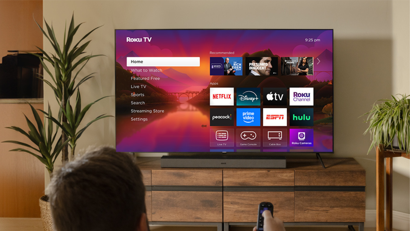 person watching Roku TV in living room