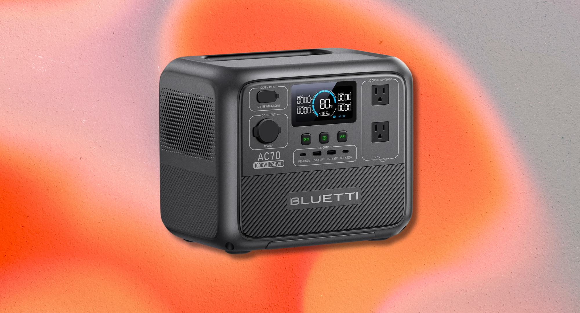 A Bluetti AC70 portable power station is shown on a vibrant, orange-red background. The black and gray power station has its digital display lit up, showing an 80% charge level.
