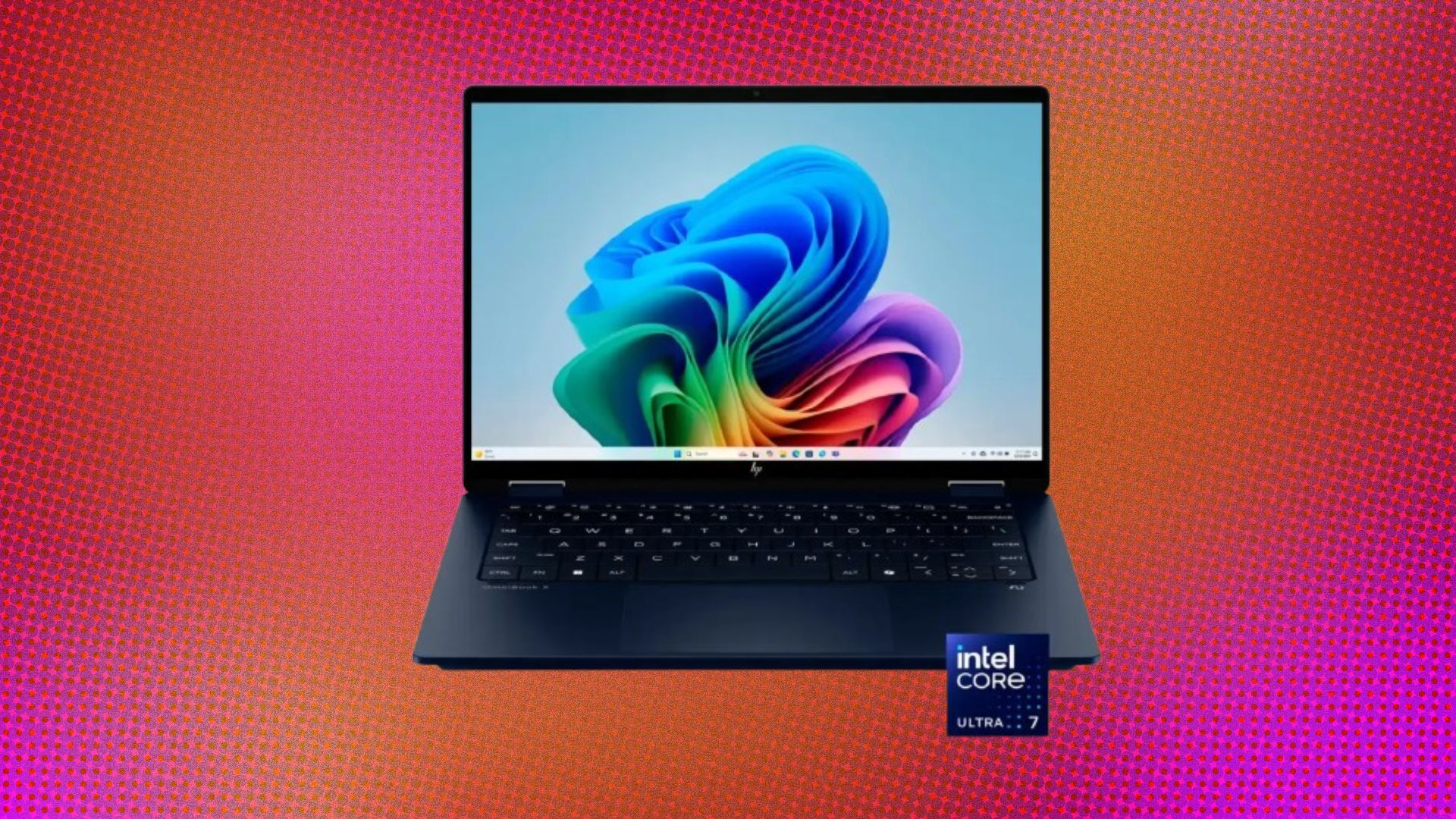 An HP laptop appears on a speckled orange and pink background.