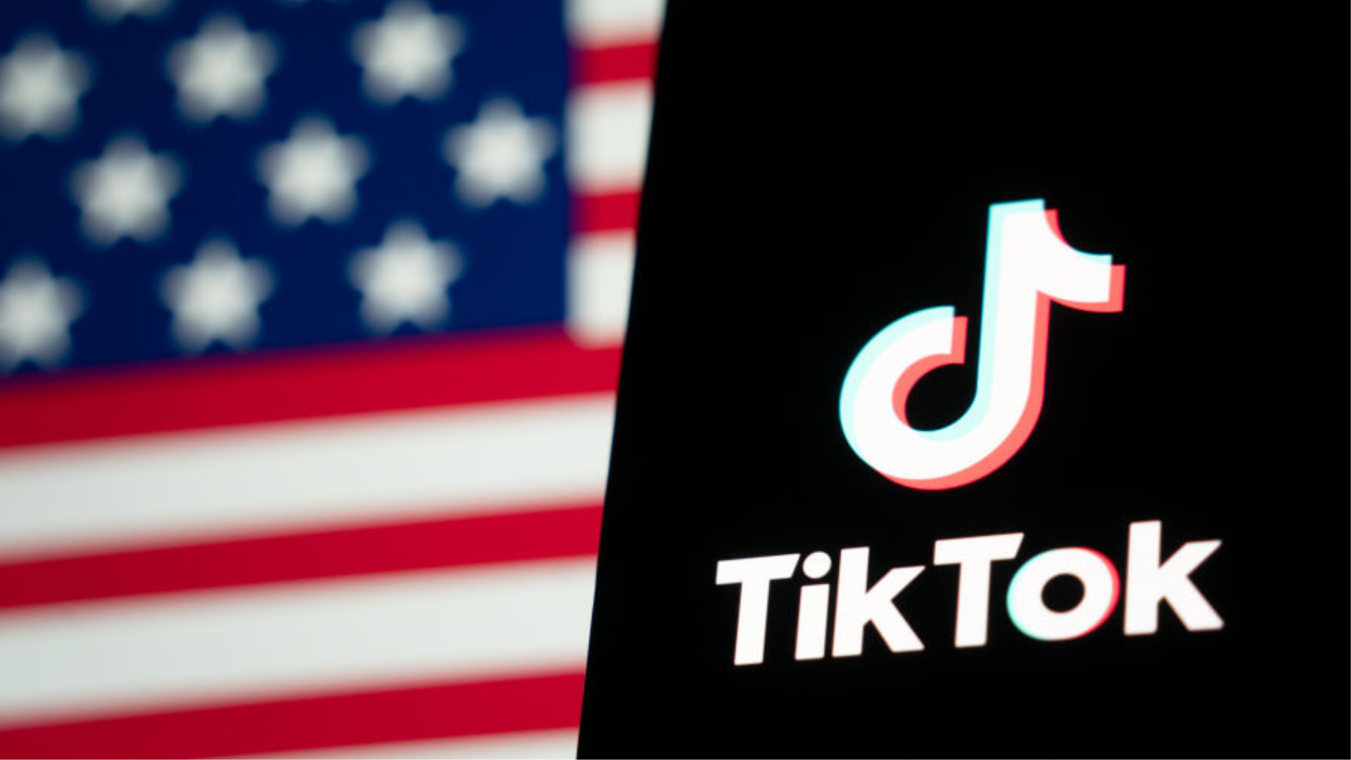 The TikTok logo and flag of the United States.
