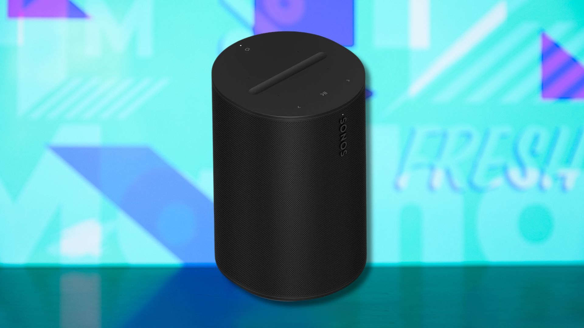 sonos era 100 smart speaker against a light blue patterned background