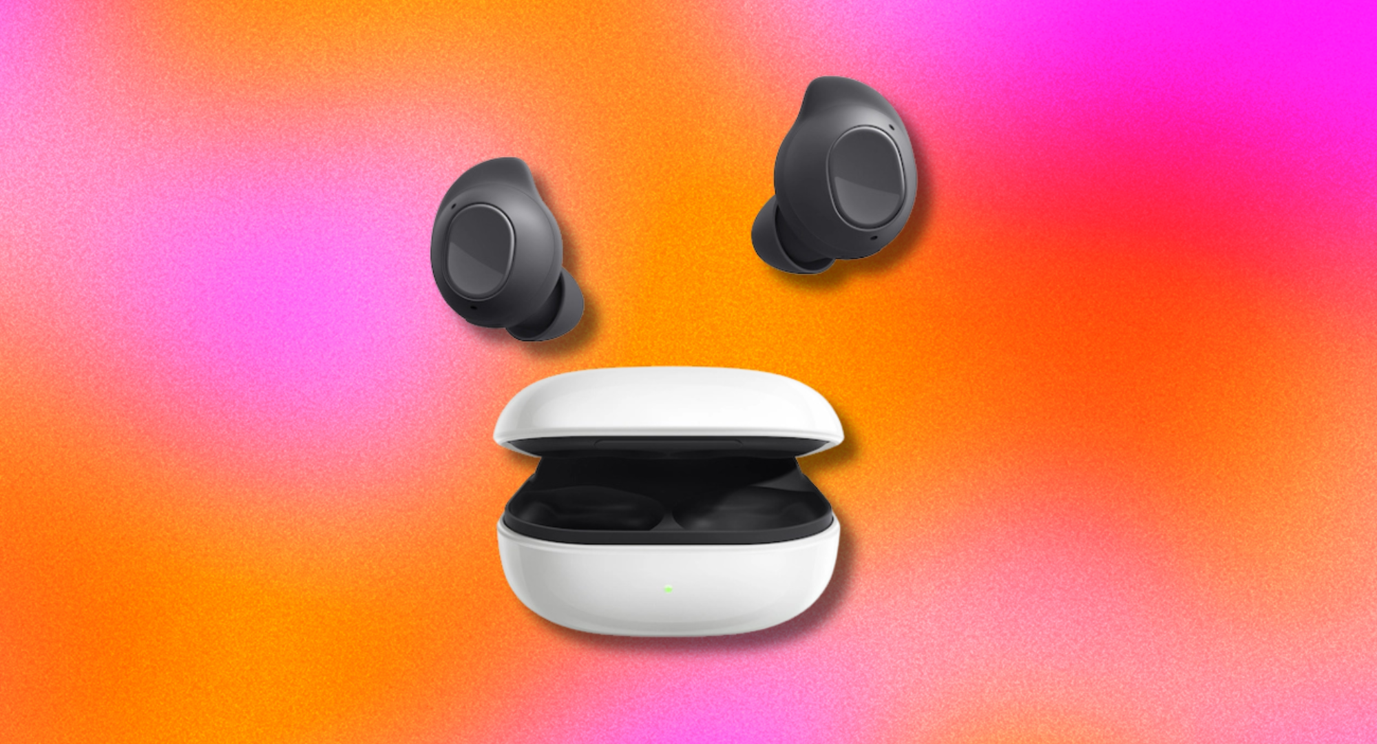 Two Samsung Galaxy Buds FE earbuds float above their open white charging case, all set against a vibrant, gradient background of orange, pink, and red.