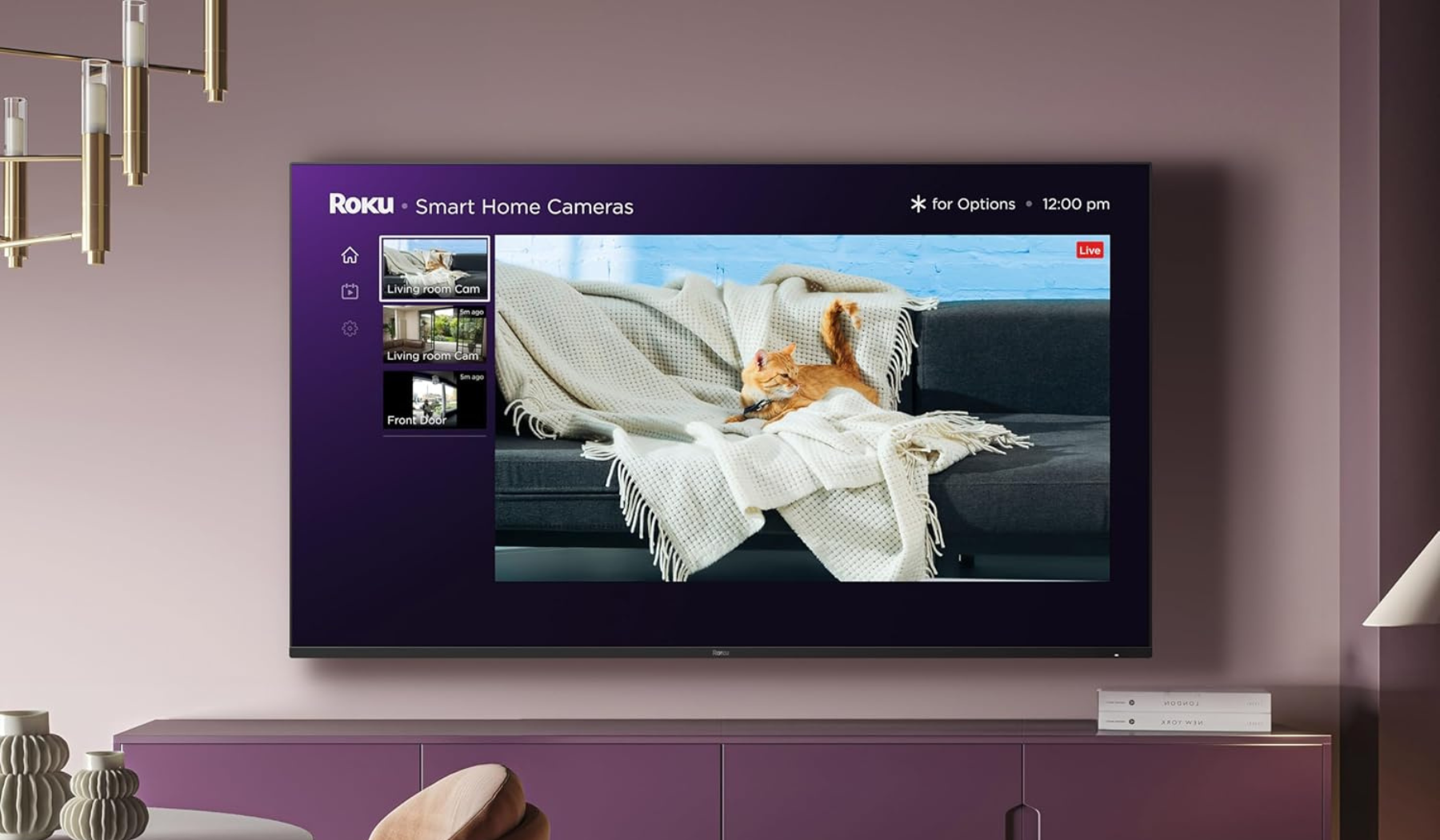 Roku TV hanging on wall in living room scene