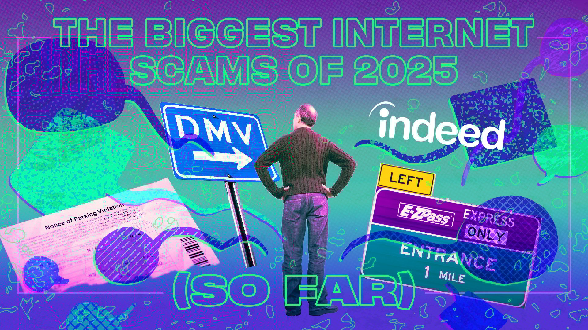composite illustration of scams involving e-zpass, indeed, and the dmv