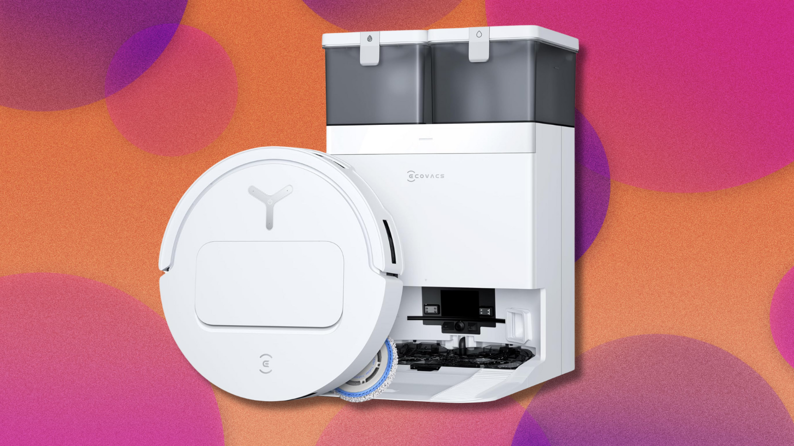 Ecovacs Deebot T50 Pro Omni Robot Vacuum and Mop on orange and purple abstract background