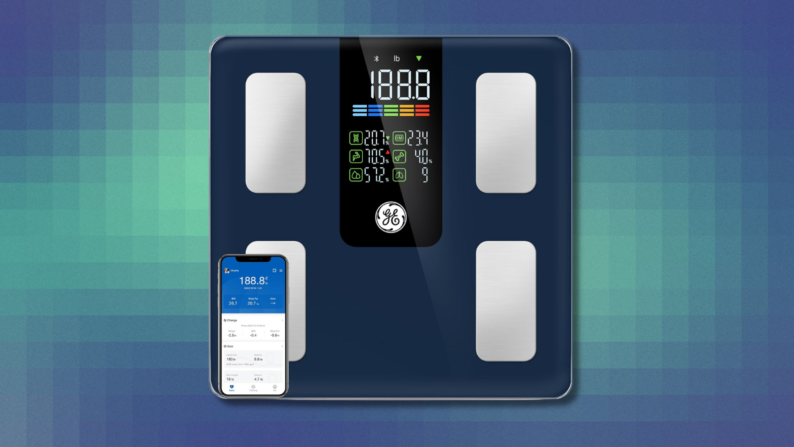 GE Smart Scale on teal abstract background