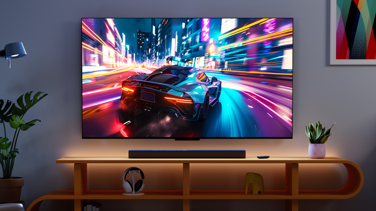 Amazon Omni Mini-LED Fire TV on tv stand in living room