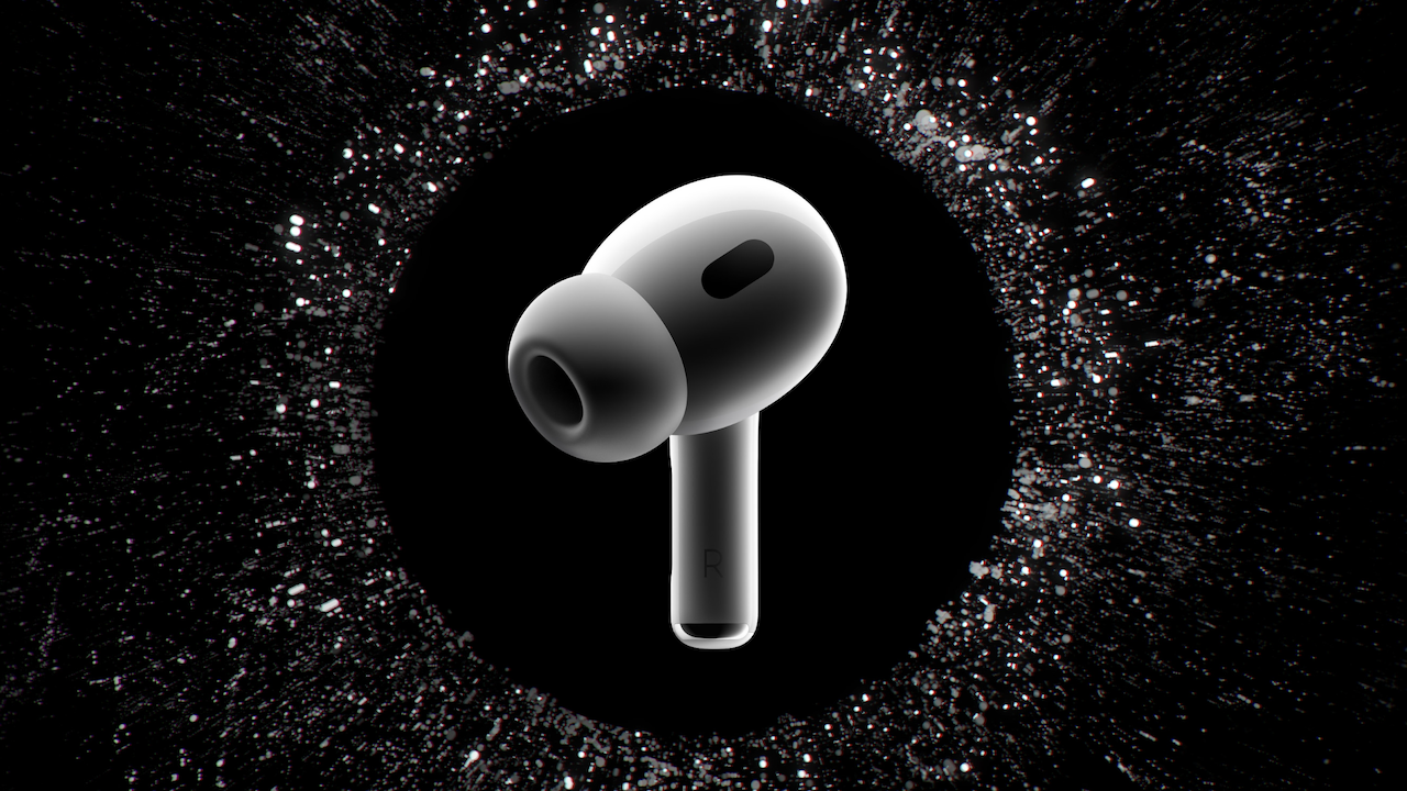 Apple AirPods Pro 2 in front of a black background