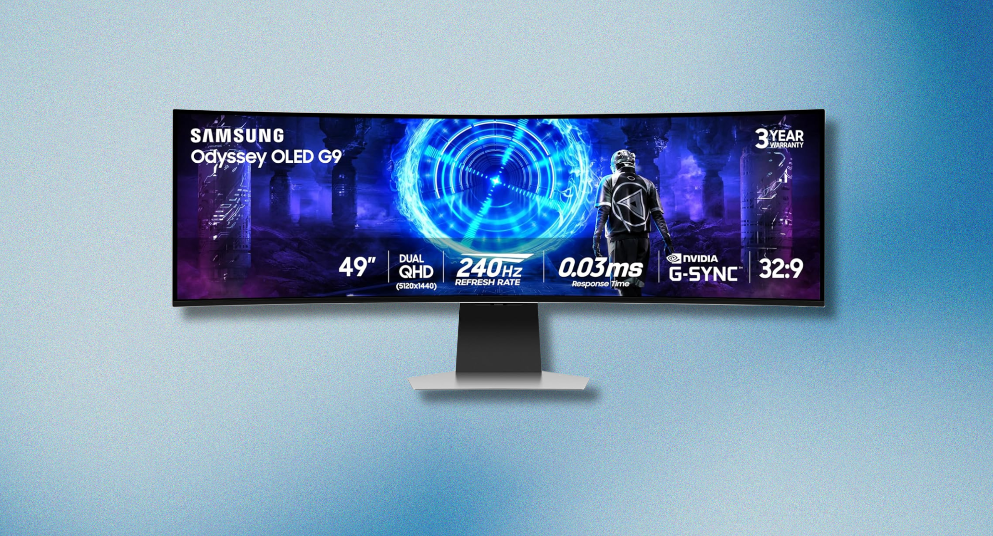 A large, curved Samsung 49-inch Odyssey OLED G9 gaming monitor is shown against a light blue textured background. 
