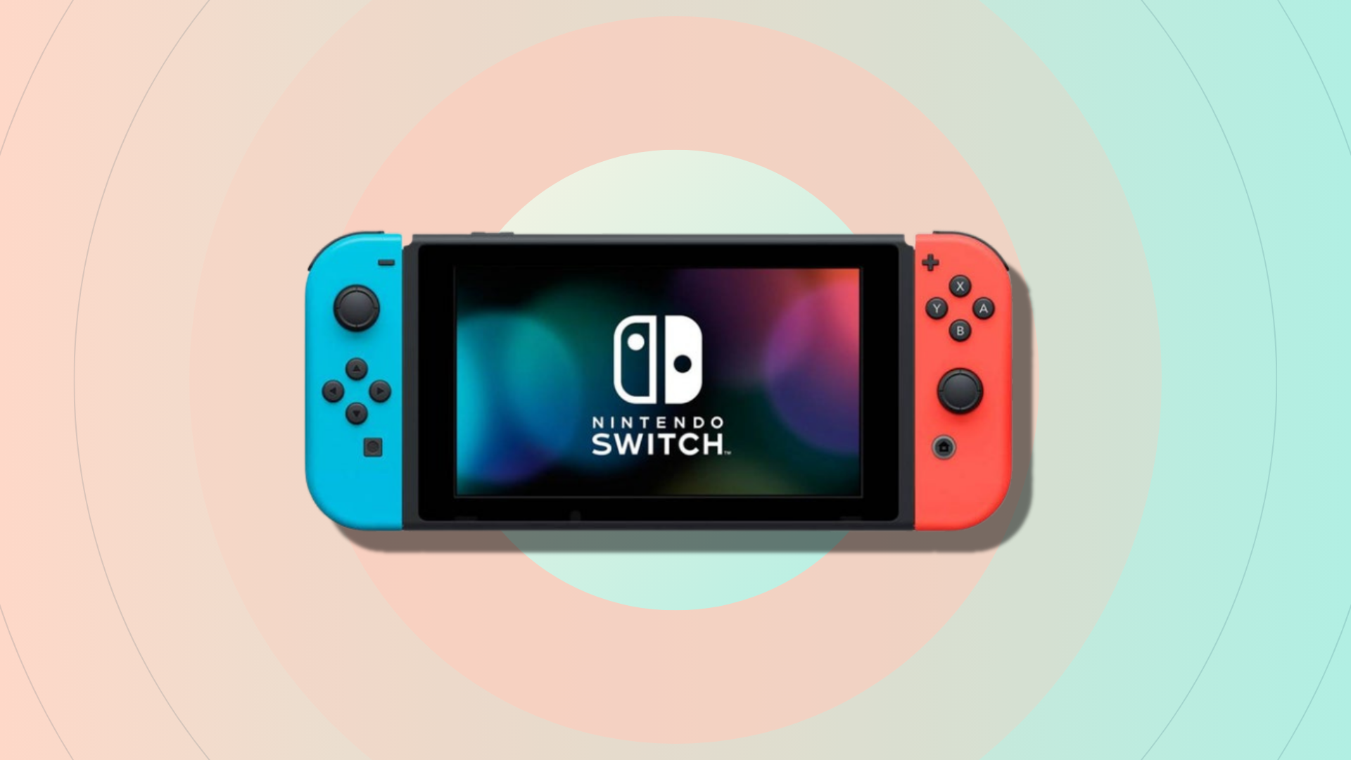 Nintendo Switch with blue and red joy-cons on light green and pink backdrop