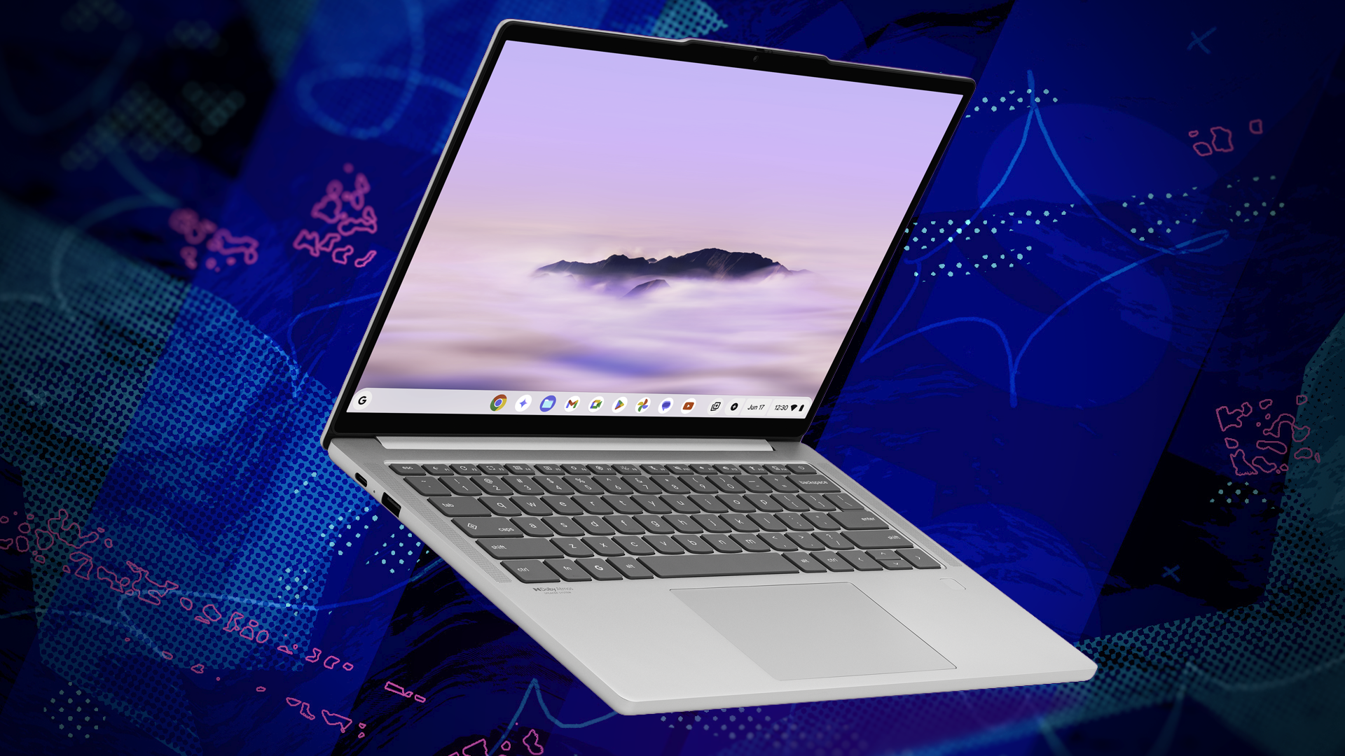 the lenovo chromebook plus 14 against a blue background with squiggle accents
