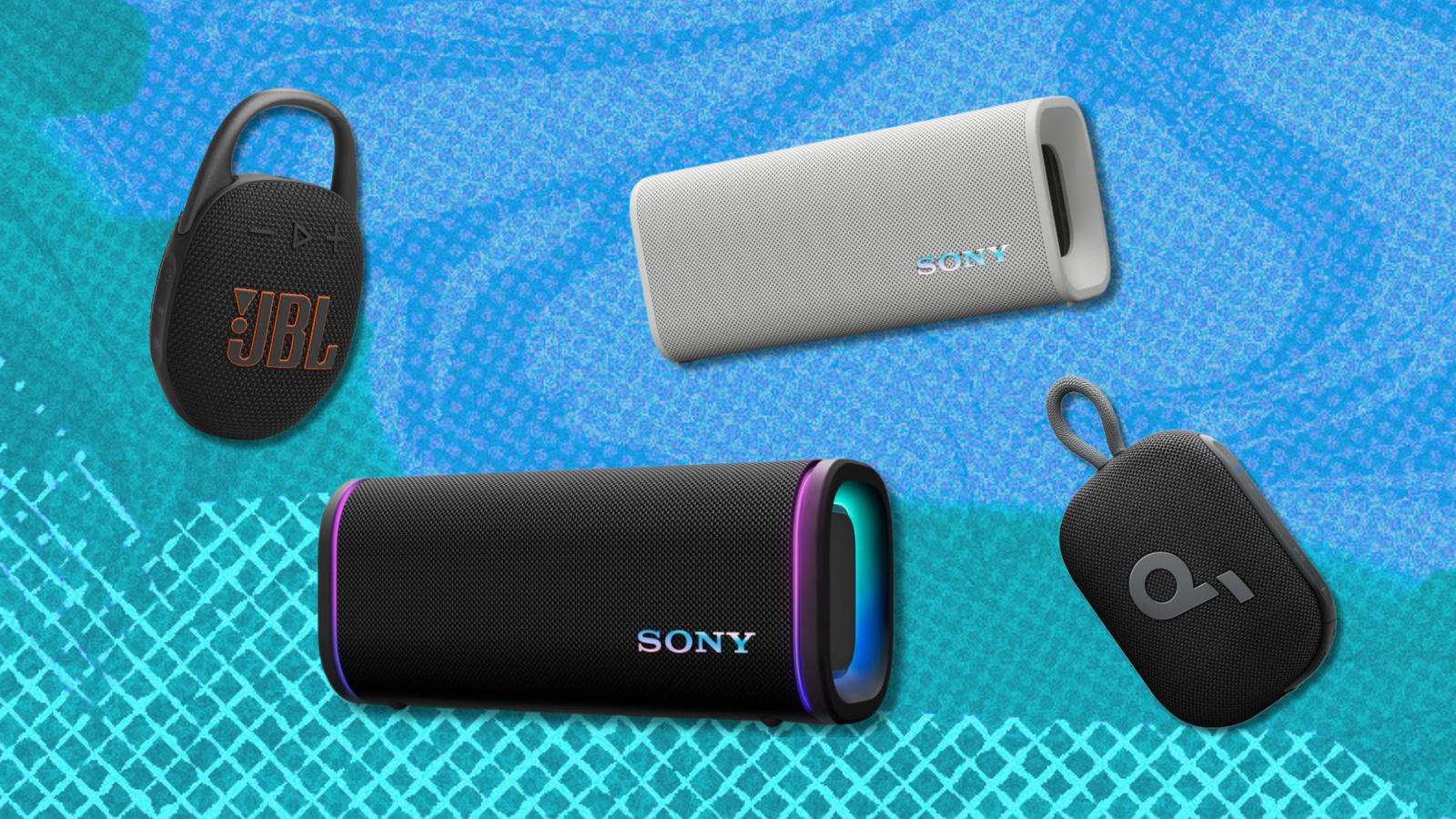 Sony ULT Field 3 and 5, JBL Clip 5, and Anker Soundcore Select Go speakers with blue patterned background