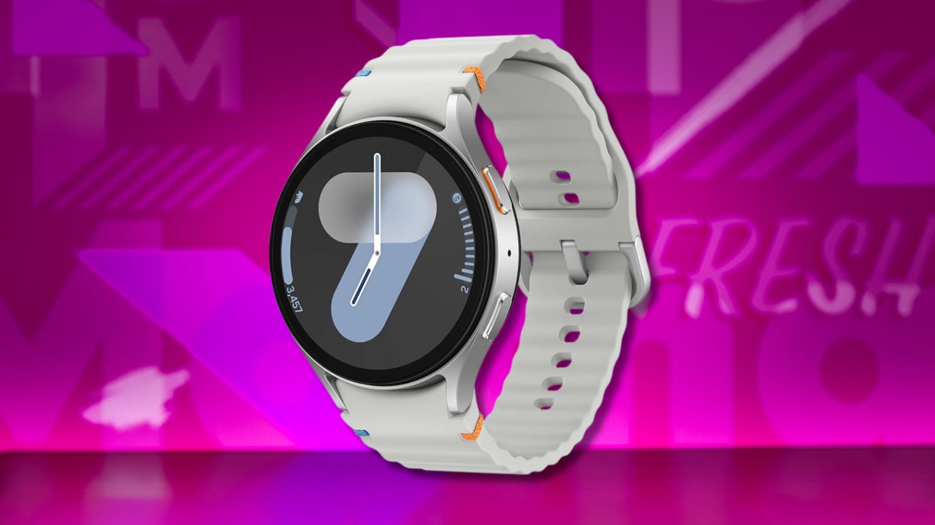 samsung galaxy watch 7 smartwatch against a pink patterned background
