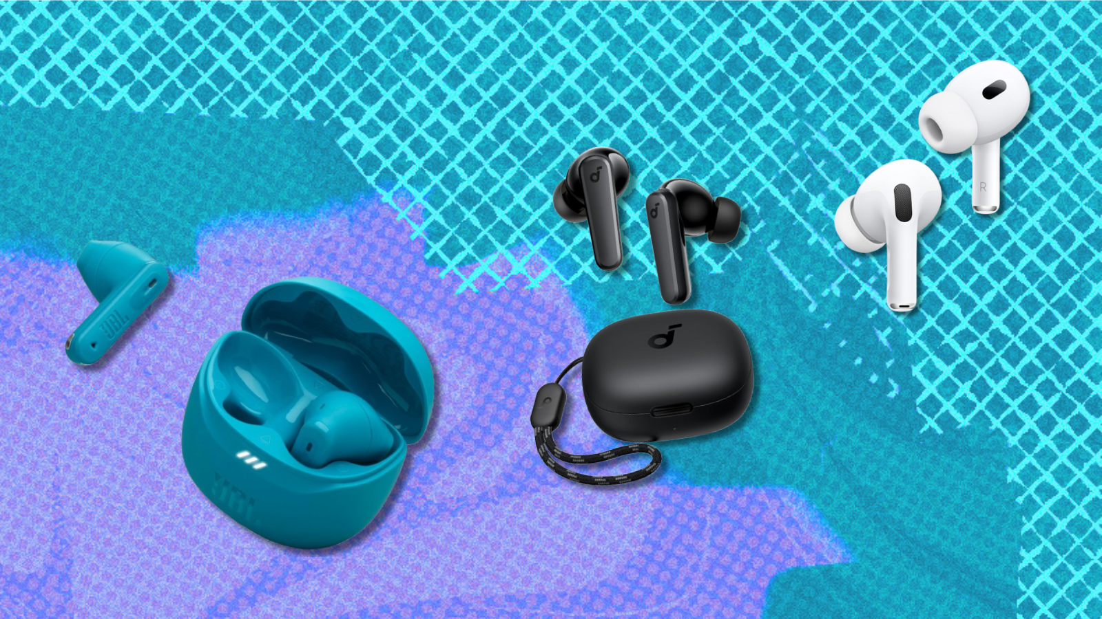 JBL Tune Flex 2 earbuds, Apple AirPods Pro, and Anker Soundcore P20i earbuds with purple and teal background
