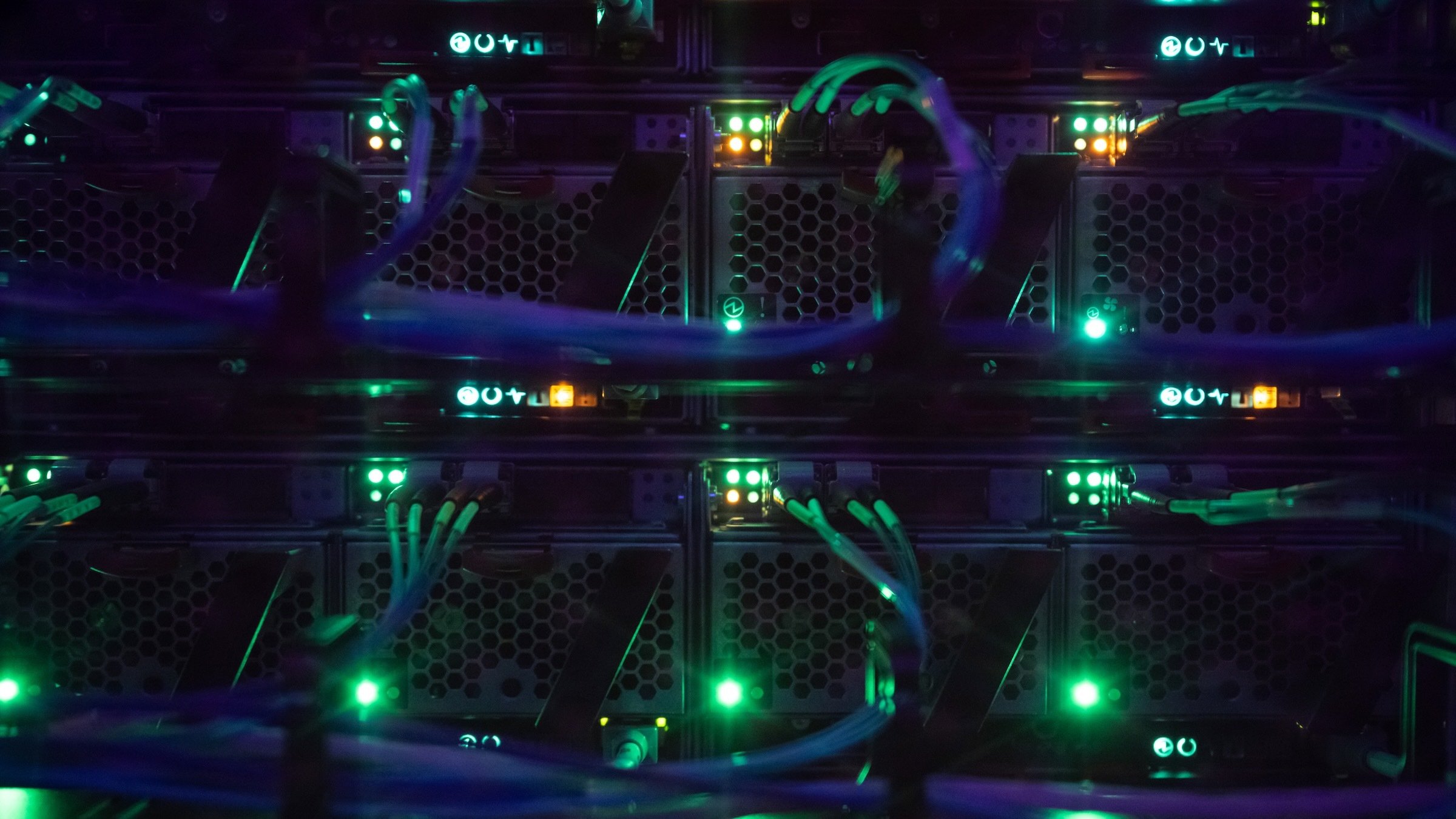 LED lights illuminate a server rack