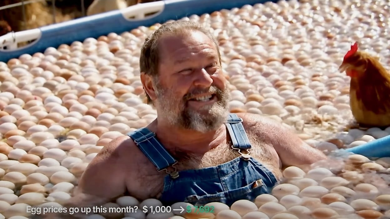 screenshot from kalshi ai ad featured in nba finals showing man in inflatable pool with eggs