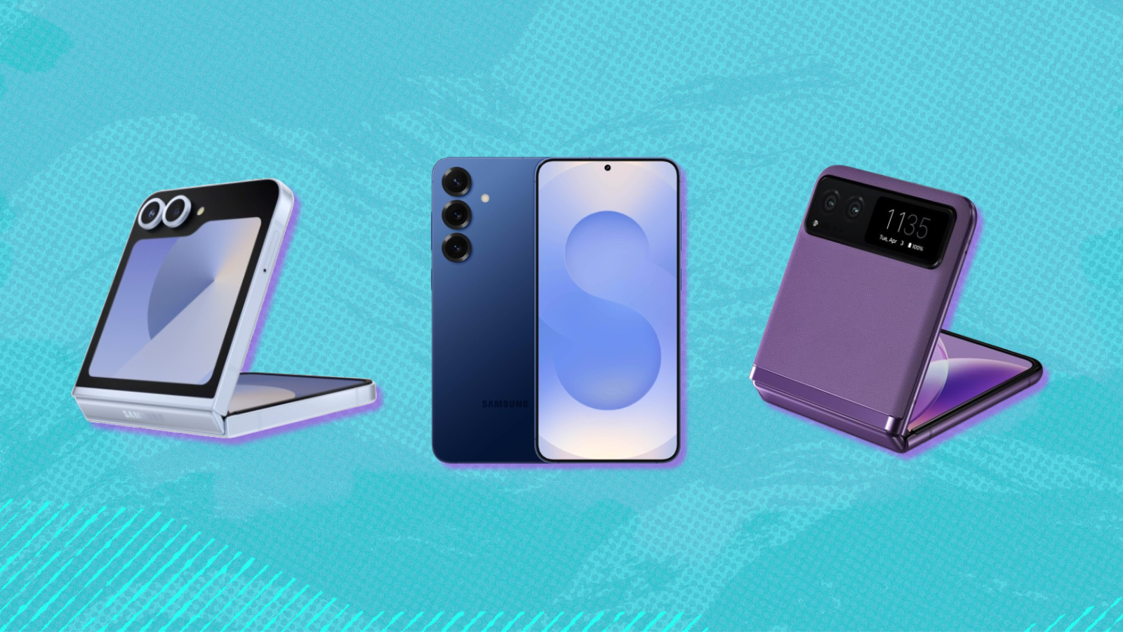 Samsung Galaxy Flip 6, Galaxy S25+, and Motorola razr, with blue background