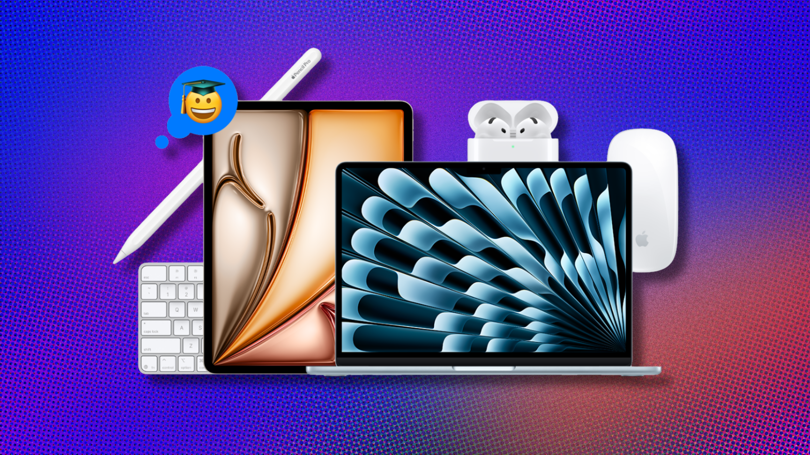 Apple accessories on blue and orange abstract background