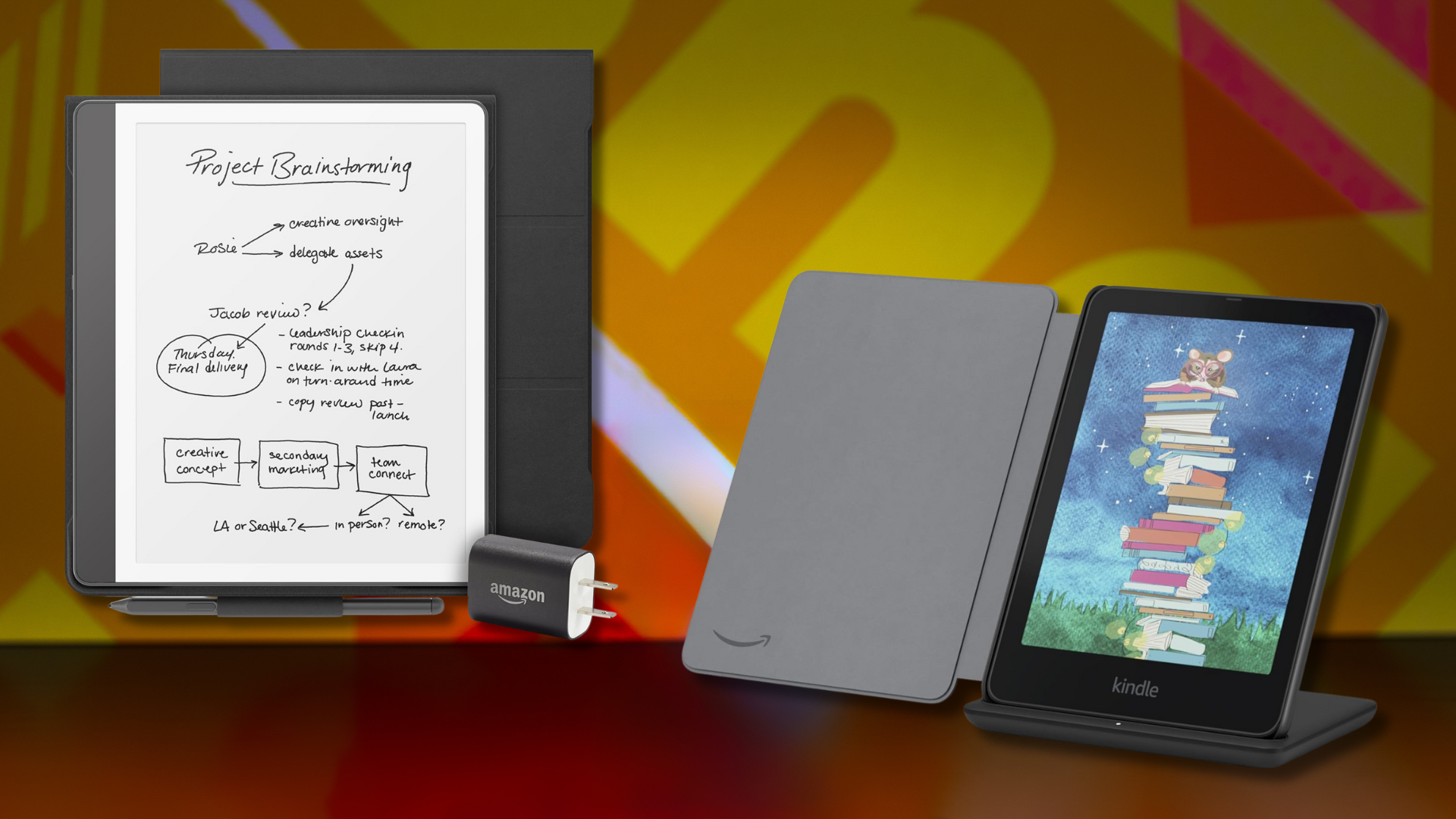 Two Amazon Kindles on a colorful background