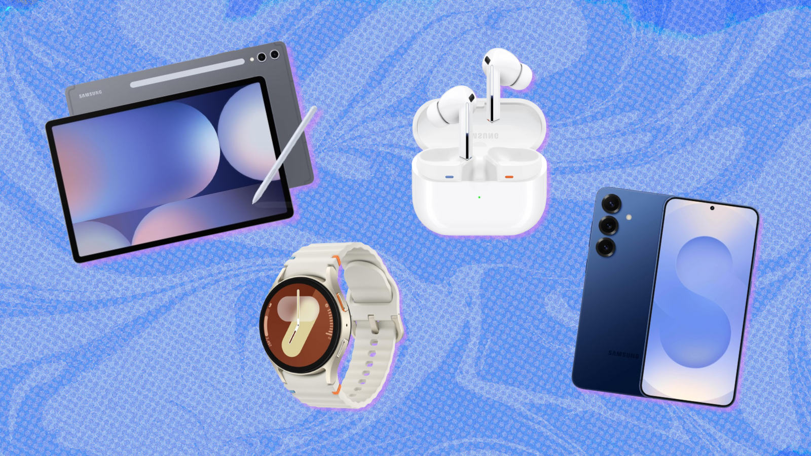Samsung Galaxy Tab S10+, Galaxy Watch 7, Galaxy Buds 3 Pro, and Galaxy S25+ with blue background