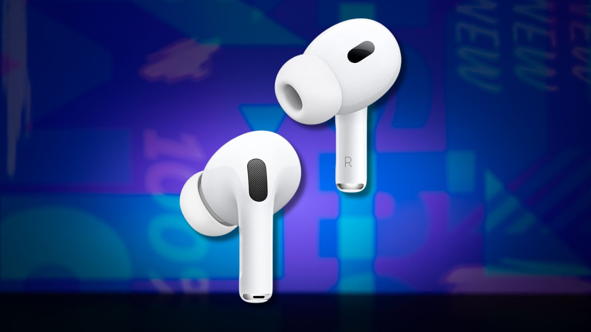 apple airpods pro 2 earbuds against a dark blue patterned background