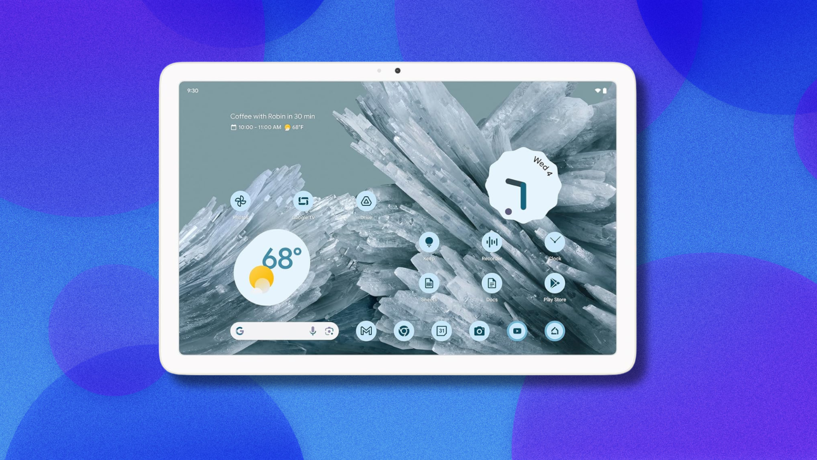 Google Pixel Tablet on blue and purple abstract background