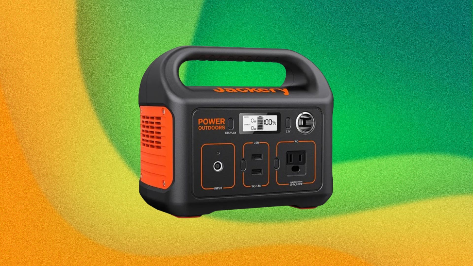 A Jackery battery bank appears on a green and yellow swirly image.