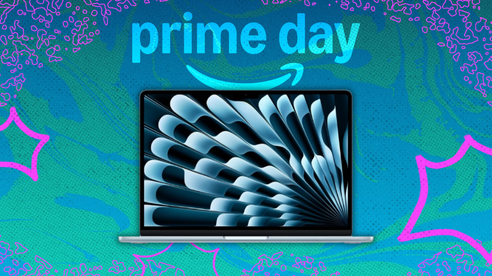 the 13-inch m4 apple macbook air below the prime day logo against a blue and teal swirled background