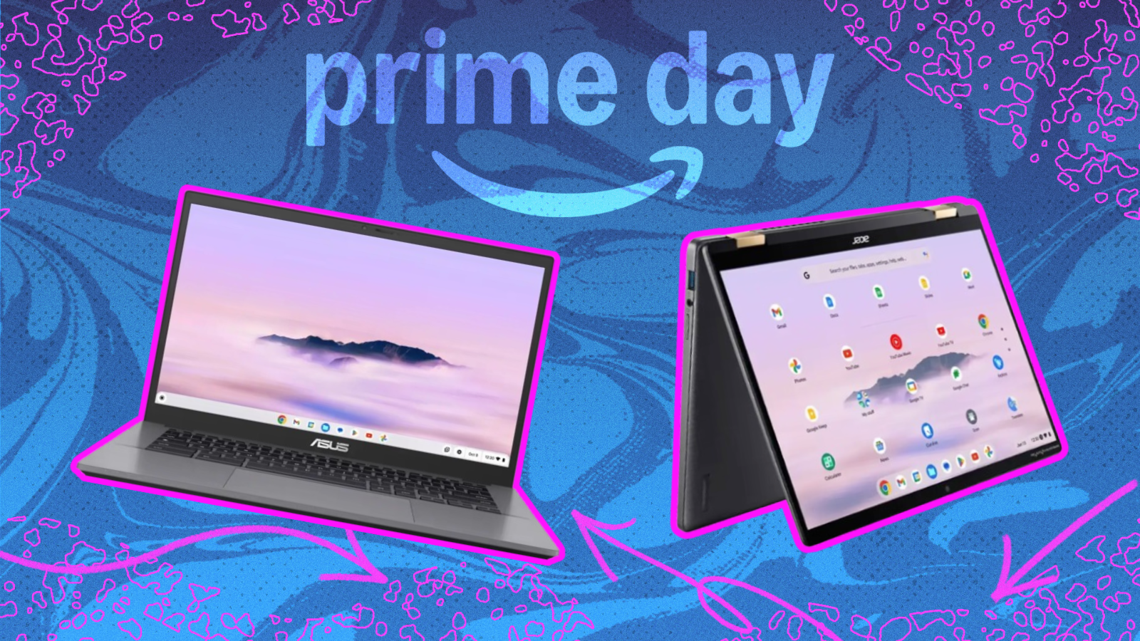 Asus and Acer Chromebooks with blue prime day composite background