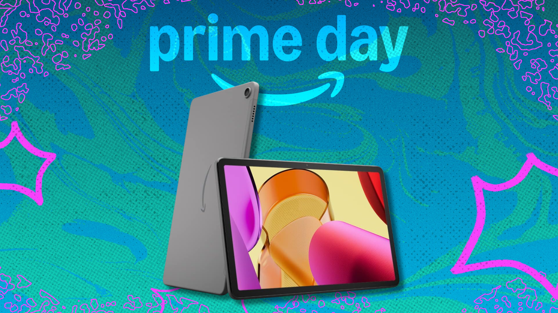 A Fire tablet on a colorful Prime Day background