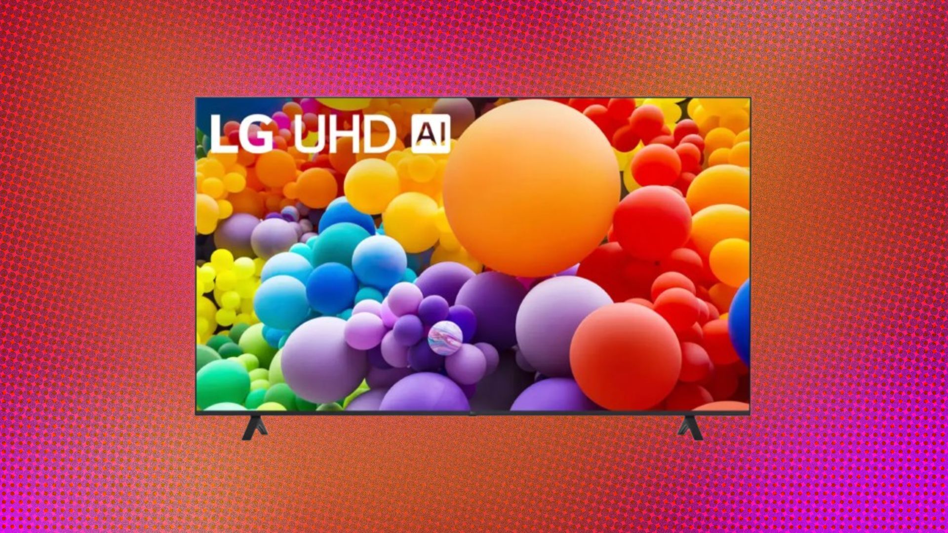 An LG TV appears on a multi colored abstract background with a balloon motif on its screen.