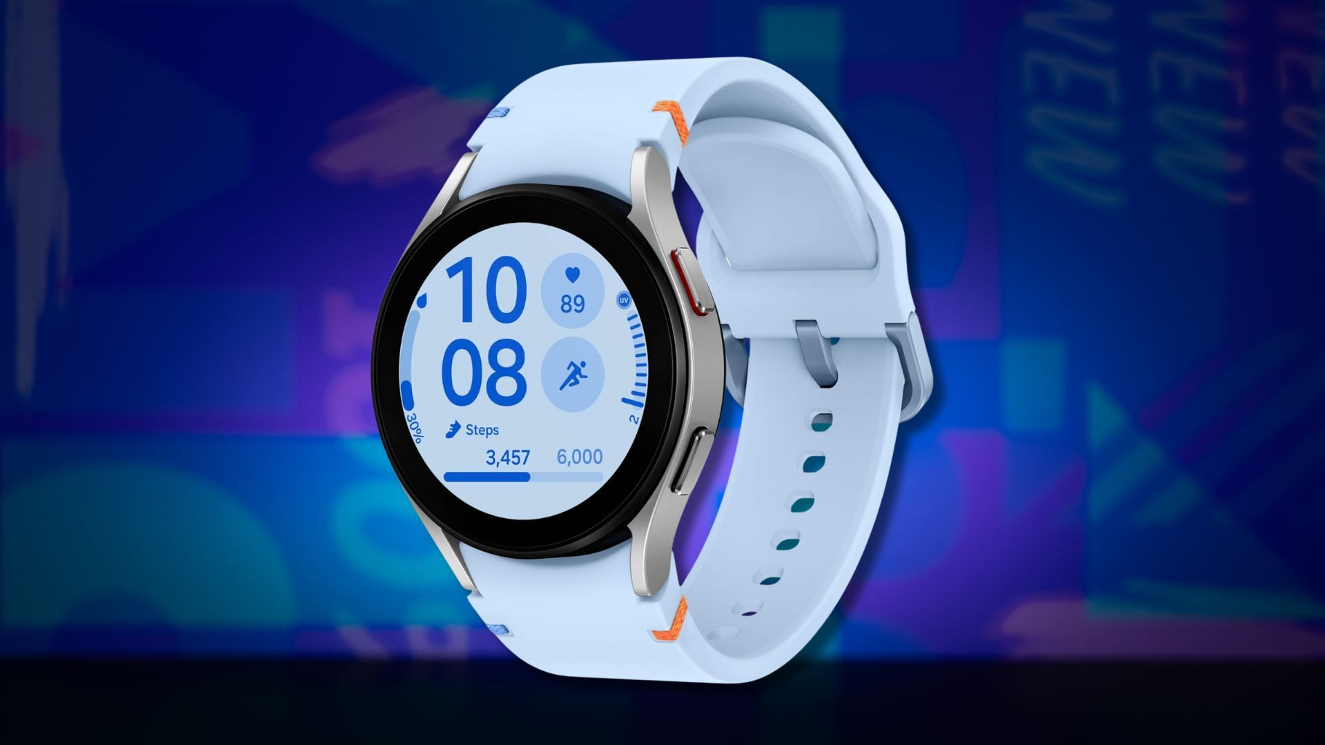 samsung galaxy watch fe smartwatch against a dark blue patterned background