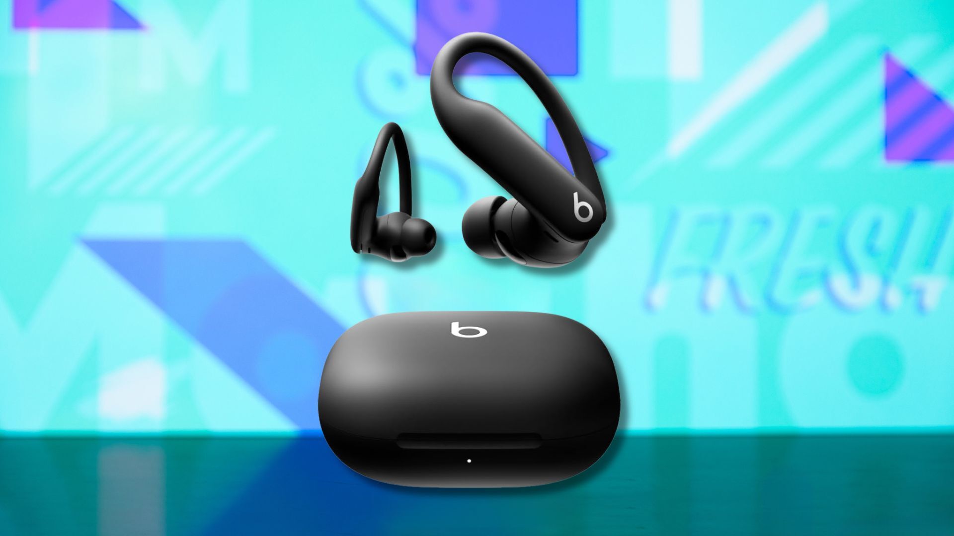 beats powerbeats pro 2 earbuds against a light blue patterned background