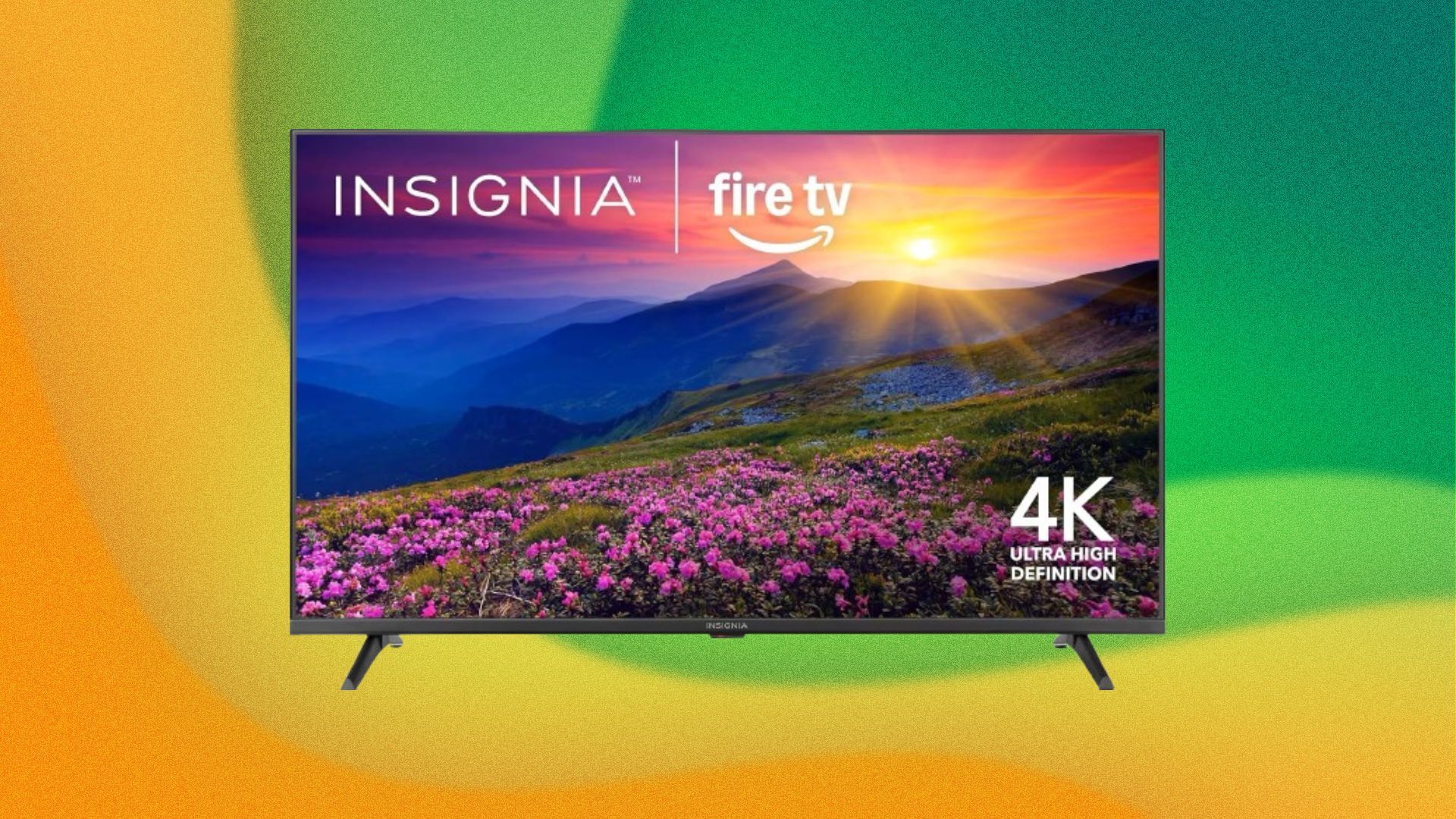 An Insignia TV appears on a green and yellow background.