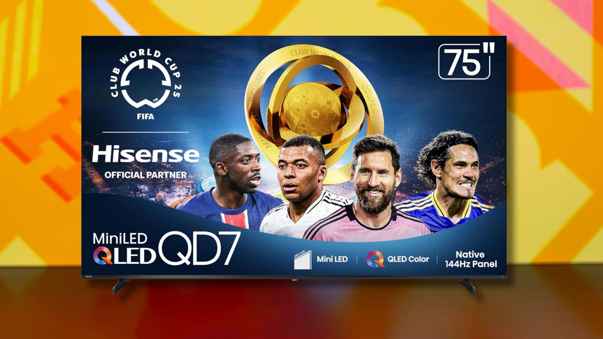 75-inch hisense qd7 mini-led 4k smart tv against a yellow patterned background