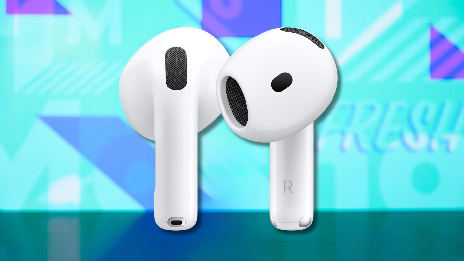apple airpods 4 earbuds against a light blue patterned background